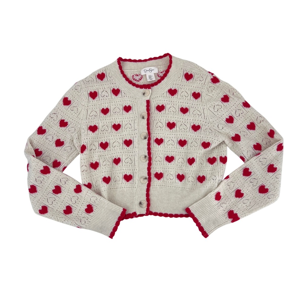 Heart Print Pointelle Knit Cardigan Sweater Womens XL Jessica‎ Simpson